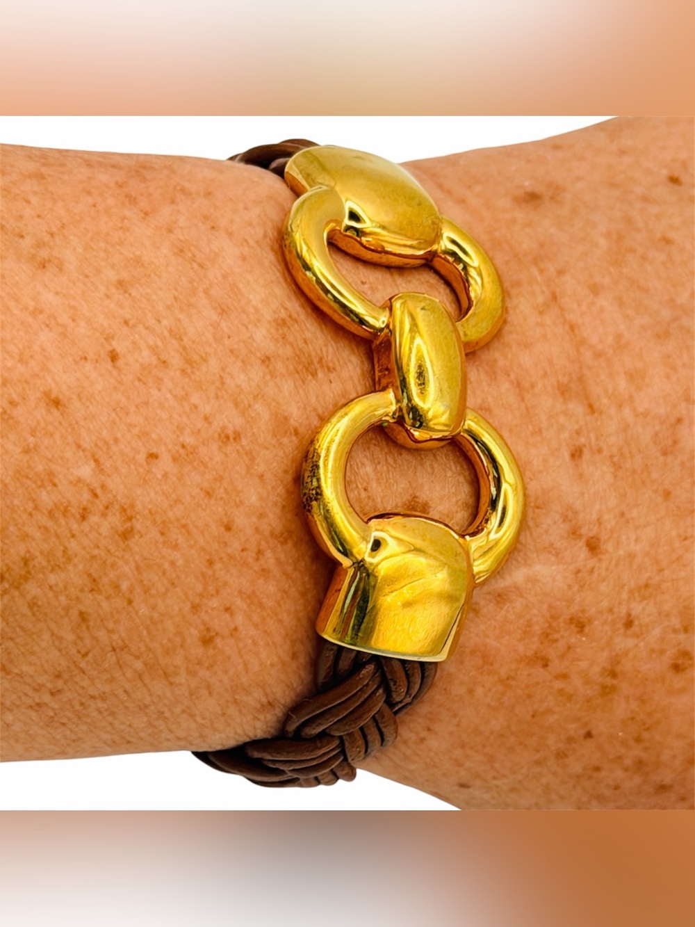 Bronze Milor Italy Gold-Tone Brown Braid Leather Bracelet Equestrian Old Money